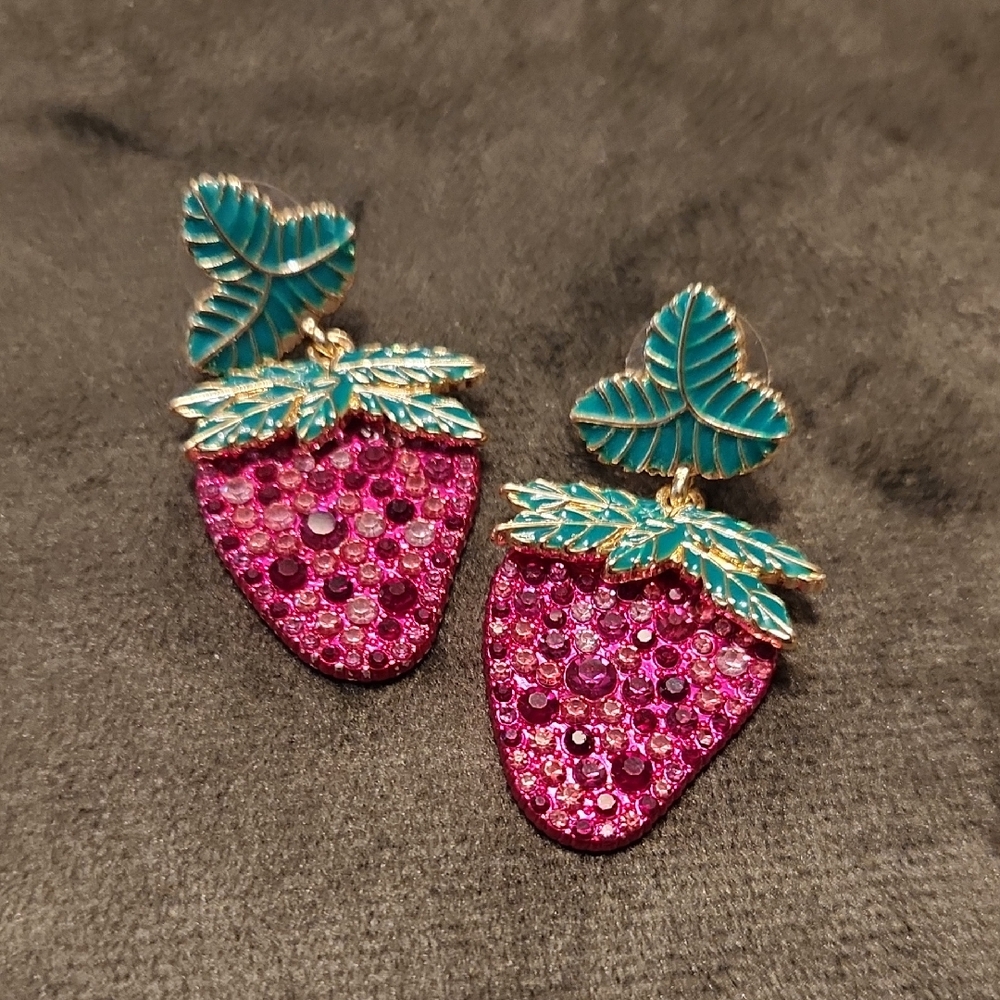 BaubleBar SugarFix Pink Strawberry Earrings with Green Leaves
